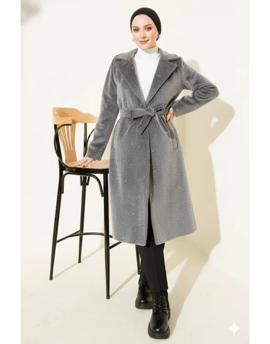 Gri İncili Kaşe Kaban Kuşaklı Anvelop Uzun Palto