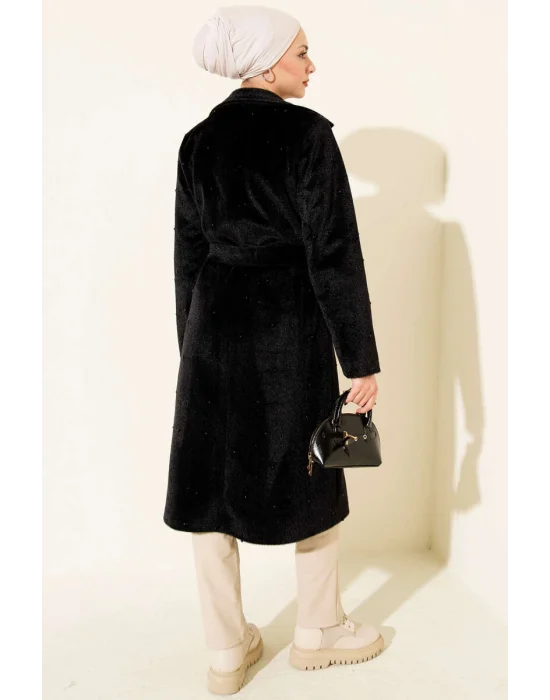 Siyah İncili Kaşe Kaban Kuşaklı Anvelop Uzun Palto