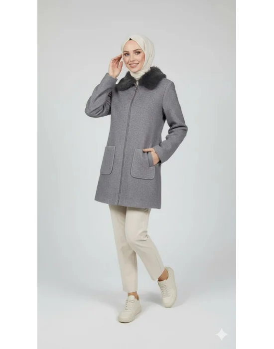 Gri Kadın Kürk Yakalı Fermuarlı Kaşe Kaban