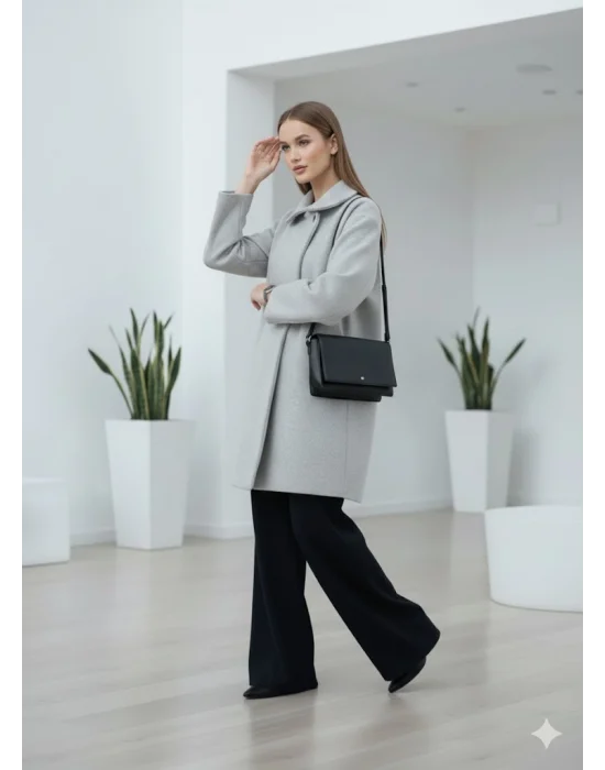 Gri Moskov Premium Kruvaze Yünlü Kaşe Kaban