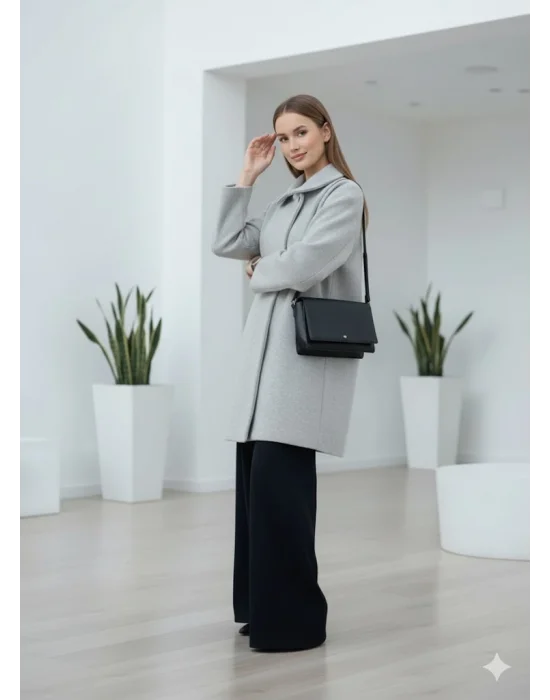 Gri Moskov Premium Kruvaze Yünlü Kaşe Kaban