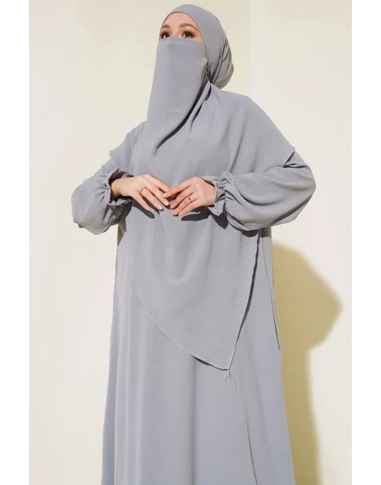 Gri Sultan Model Geniş Peçeli Ferace Takım