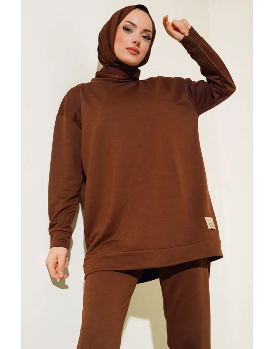 Kahve Arma Detaylı Ribanalı Rahat Kesim İkili Takım