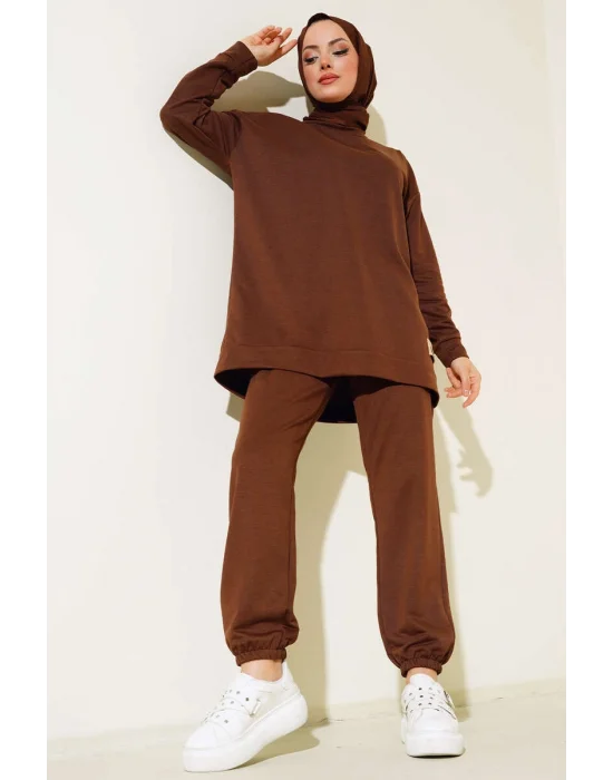 Kahve Arma Detaylı Ribanalı Rahat Kesim İkili Takım