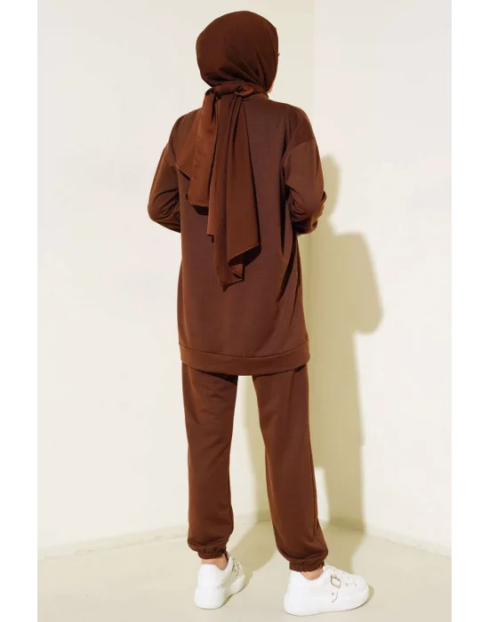 Kahve Arma Detaylı Ribanalı Rahat Kesim İkili Takım