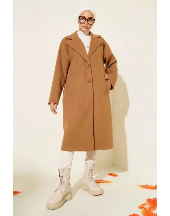 Kahve Premium Kruvaze Yaka Oversize Uzun Kaşe Kaban