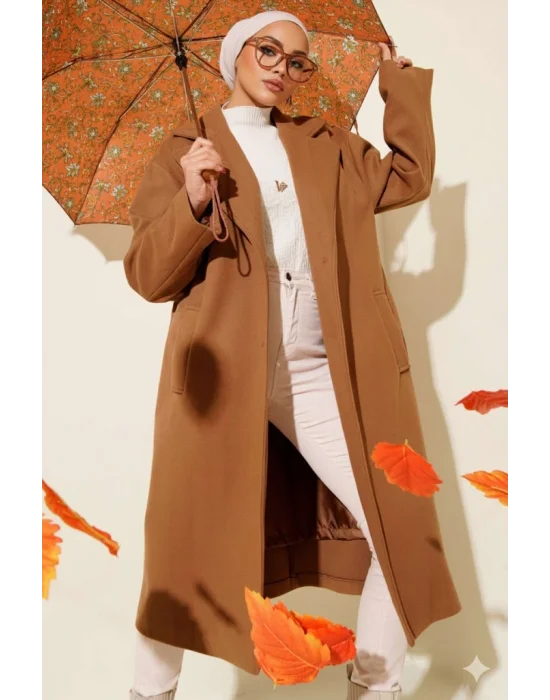 Kahve Premium Kruvaze Yaka Oversize Uzun Kaşe Kaban