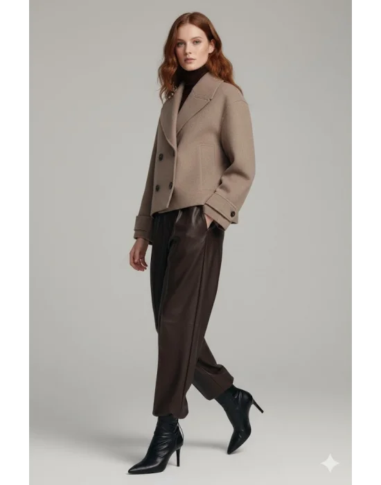 Kahve Rengi Kadın Premium Kaşe Crop Ceket