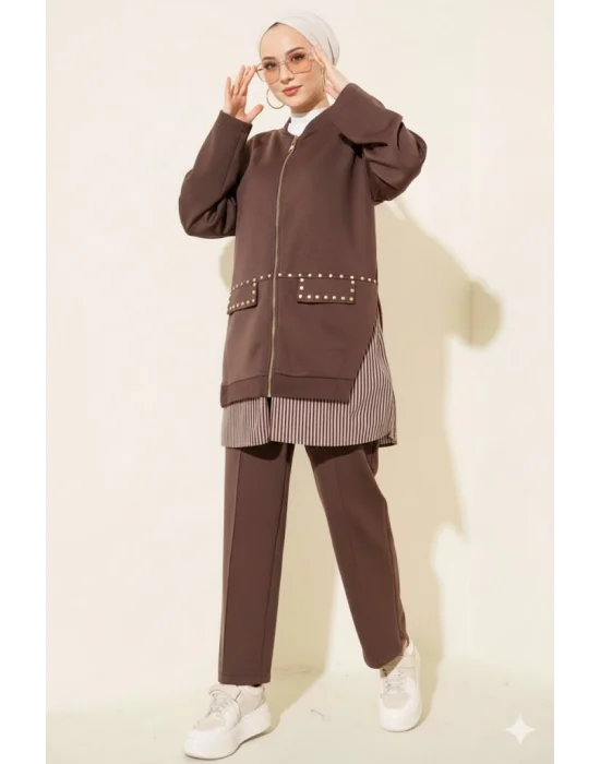 Kahve Rengi Premium Çizgili Ofis Şıklığı İkili Takım