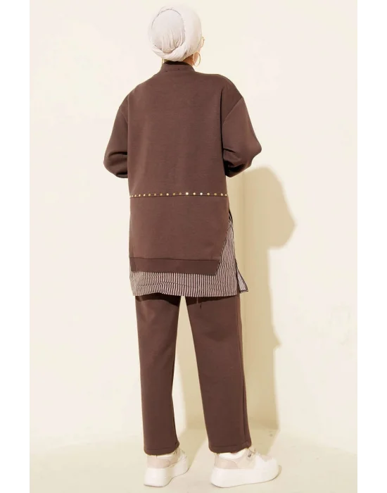 Kahve Rengi Premium Çizgili Ofis Şıklığı İkili Takım