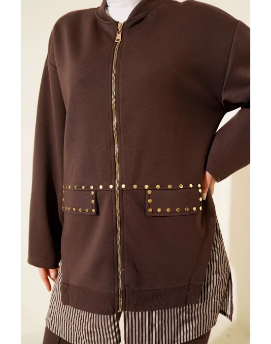 Kahve Rengi Premium Çizgili Ofis Şıklığı İkili Takım