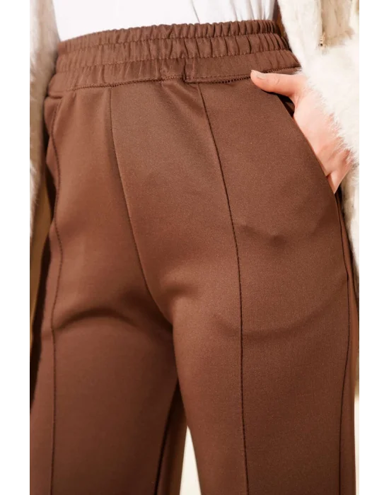 Kahverengi Çımalı Yüksek Bel Boru Paça Pantolon
