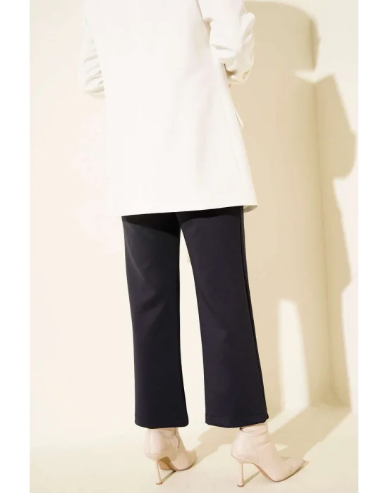 Lacivert Çımalı Yüksek Bel Boru Paça Pantolon