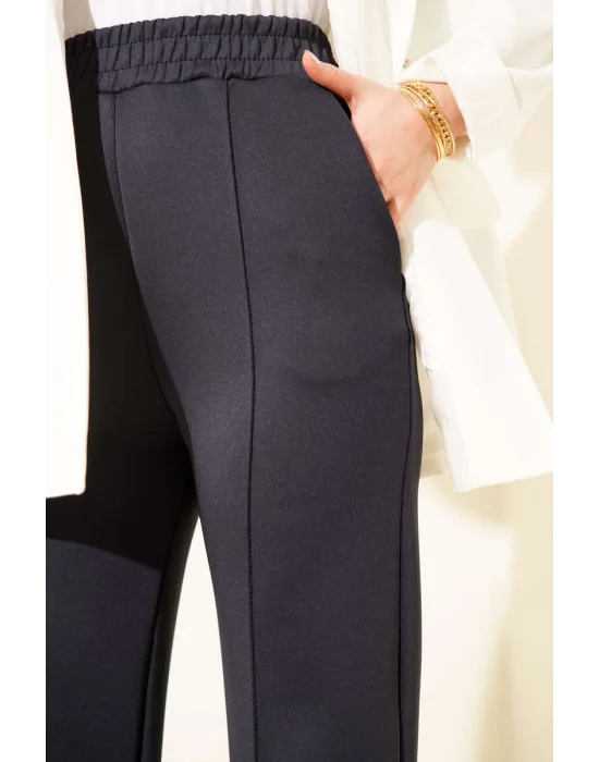 Lacivert Çımalı Yüksek Bel Boru Paça Pantolon