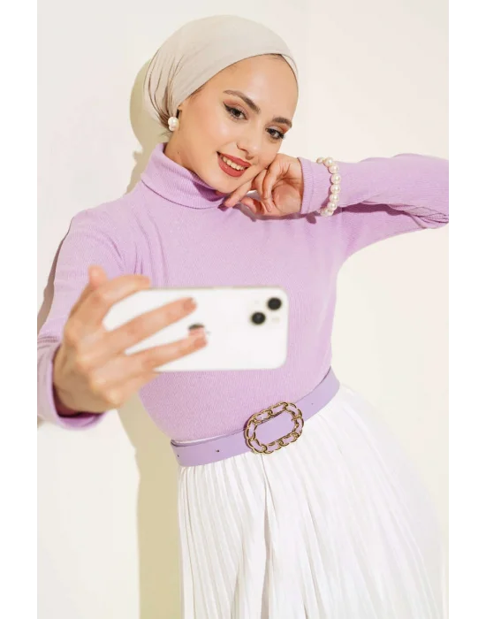 Leylak Boğazlı Fitilli Triko Body