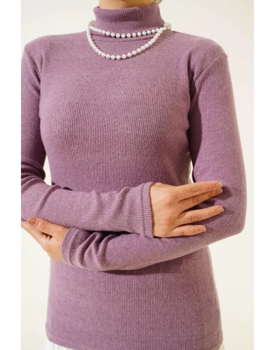 Lila Boğazlı Fitilli Triko Body