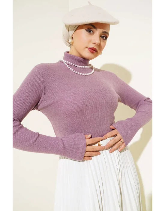 Lila Boğazlı Fitilli Triko Body