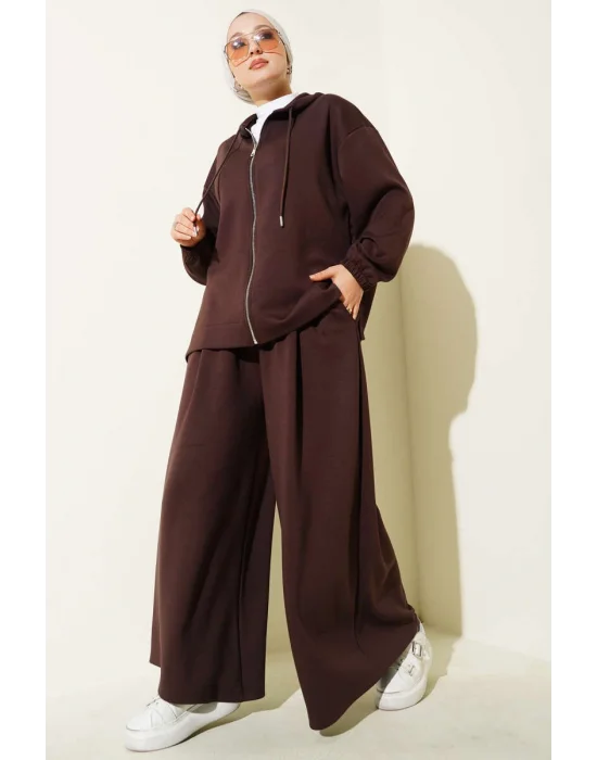 Loyşa Basic Fermuarlı Kapüşonlu İkili Takım Kahve