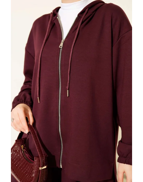 Loyşa Basic Fermuarlı Kapüşonlu İkili Takım Mürdüm