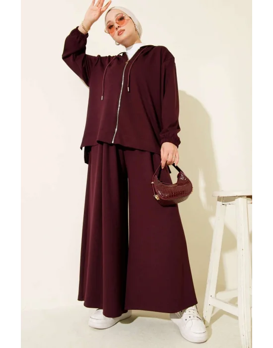 Loyşa Basic Fermuarlı Kapüşonlu İkili Takım Mürdüm