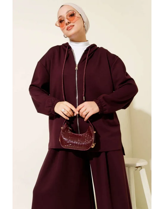 Loyşa Basic Fermuarlı Kapüşonlu İkili Takım Mürdüm