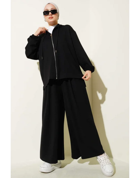 Loyşa Basic Fermuarlı Kapüşonlu İkili Takım Siyah