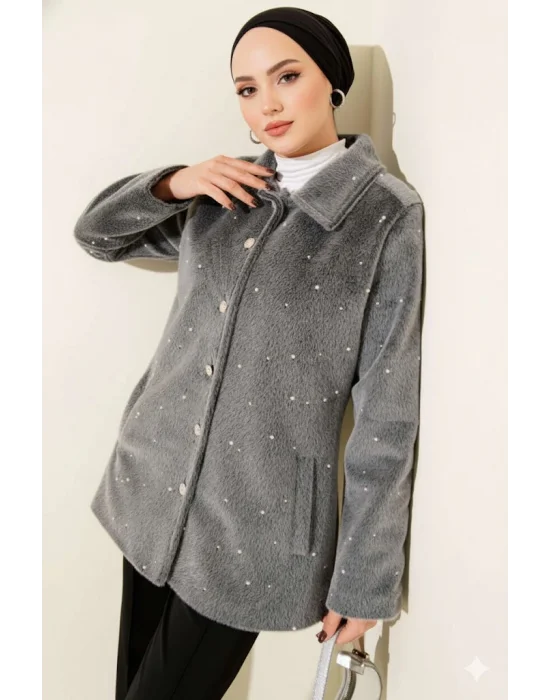 Gri Lüks Tay Tüyü İnci İşlemeli Kaban