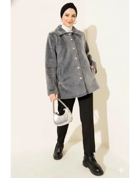 Gri Lüks Tay Tüyü İnci İşlemeli Kaban