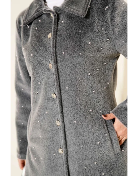 Gri Lüks Tay Tüyü İnci İşlemeli Kaban