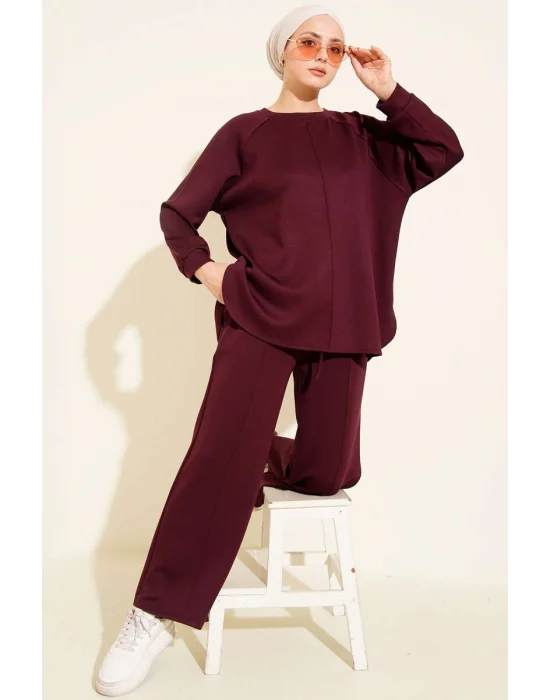 Mürdüm Oversize Sweatshirt Ve Geniş Paça Pantolon Kombin Takım