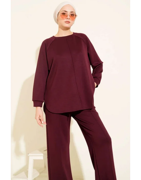 Mürdüm Oversize Sweatshirt Ve Geniş Paça Pantolon Kombin Takım