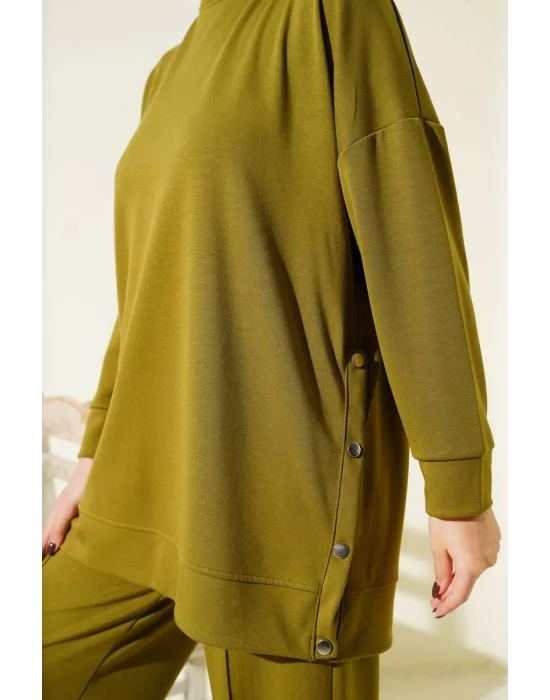 Bisiklet Yaka Yanları Metal Düğmeli İkili Takım Yağ Yeşili