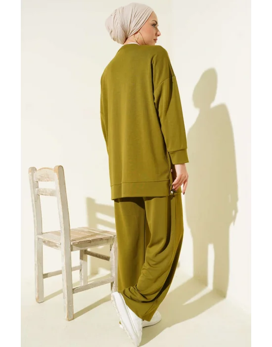 Bisiklet Yaka Yanları Metal Düğmeli İkili Takım Yağ Yeşili