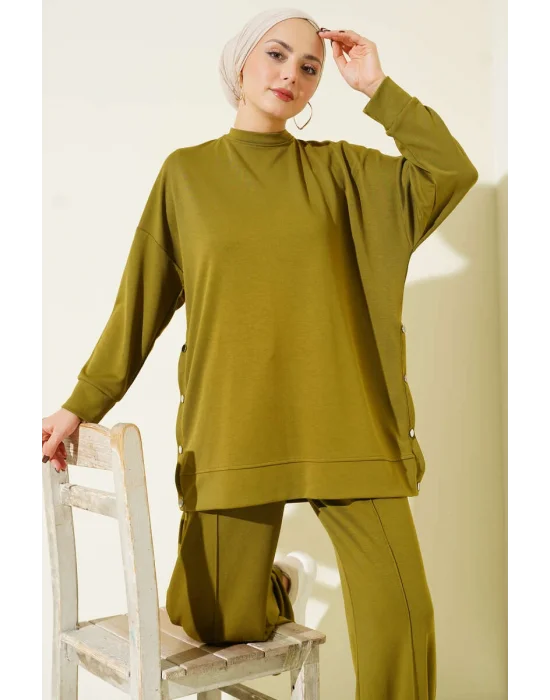 Bisiklet Yaka Yanları Metal Düğmeli İkili Takım Yağ Yeşili