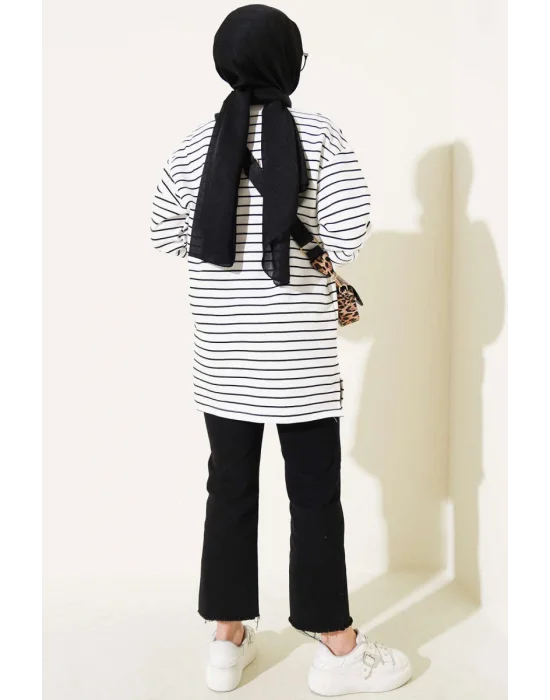 SİYAH BEYAZ ÇİZGİLİ OVERSİZE UZUN TUNİK