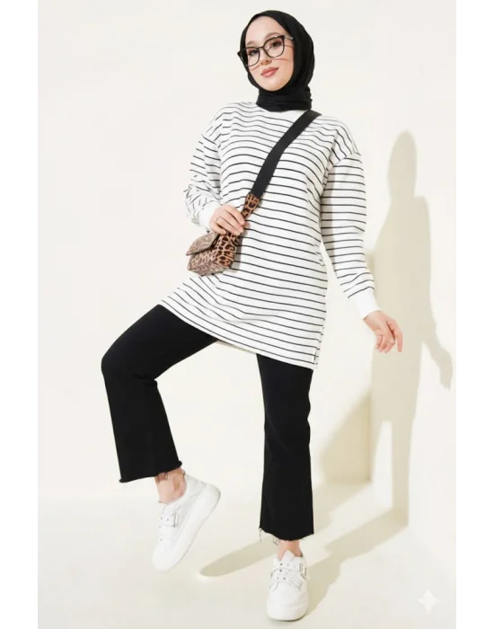 SİYAH BEYAZ ÇİZGİLİ OVERSİZE UZUN TUNİK