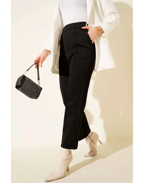 Siyah Çımalı Yüksek Bel Boru Paça Pantolon