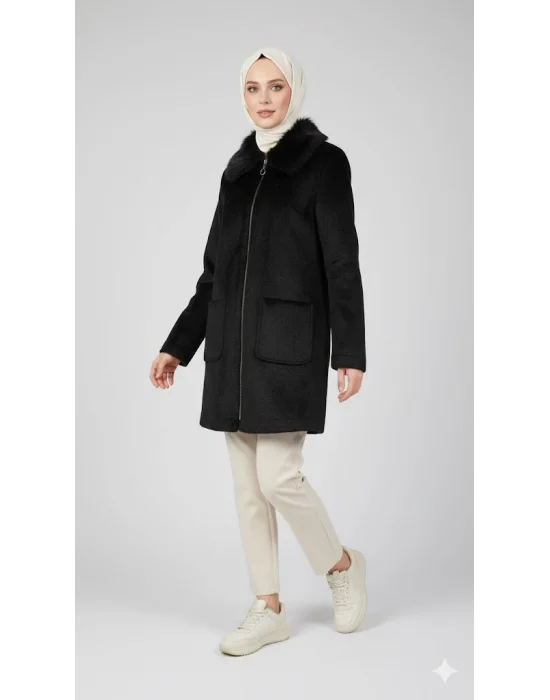Siyah Kadın Kürk Yakalı Fermuarlı Kaşe Kaban