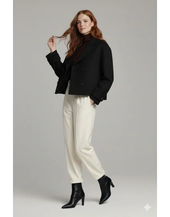 Siyah Kadın Premium Kaşe Crop Ceket