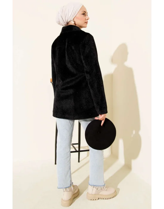 Siyah Lüks Tay Tüyü İnci İşlemeli Kaban