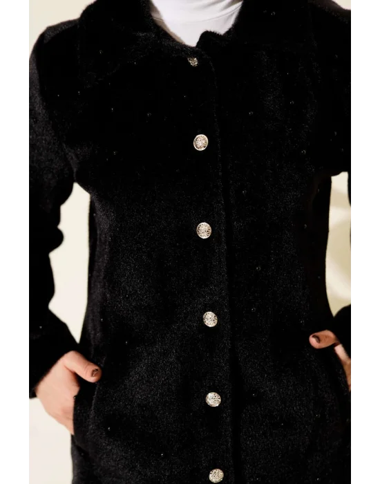 Siyah Lüks Tay Tüyü İnci İşlemeli Kaban