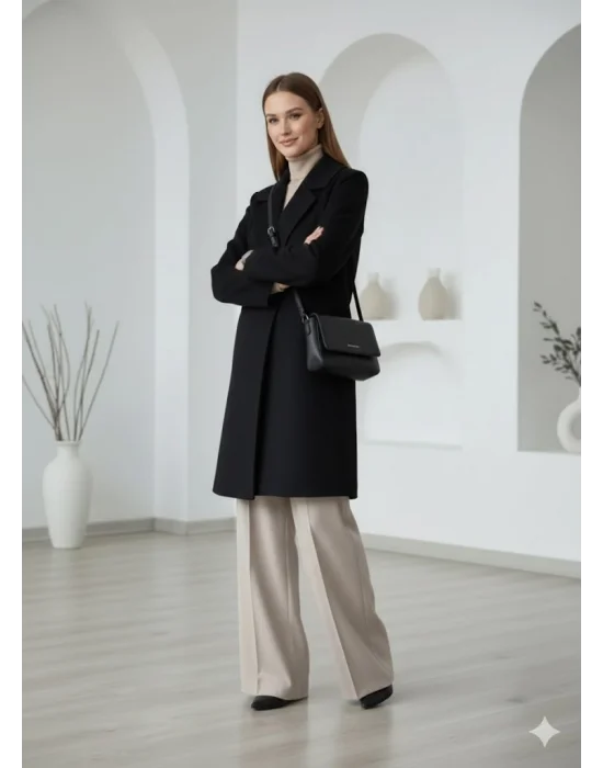 Siyah Moskov Premium Kruvaze Yünlü Kaşe Kaban