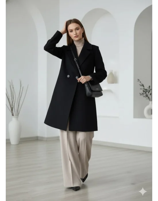 Siyah Moskov Premium Kruvaze Yünlü Kaşe Kaban