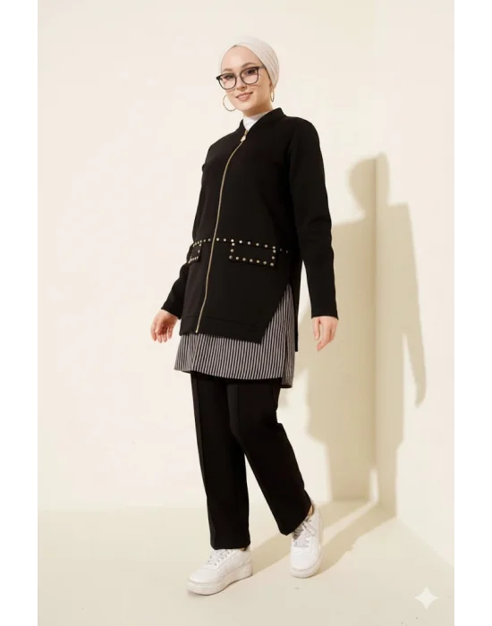 Siyah Premium Çizgili Ofis Şıklığı İkili Takım