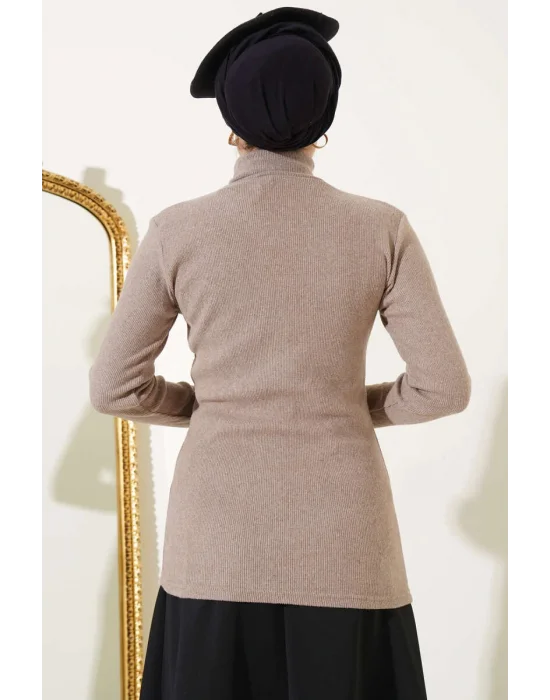 Sütlü Kahve Boğazlı Fitilli Triko Body