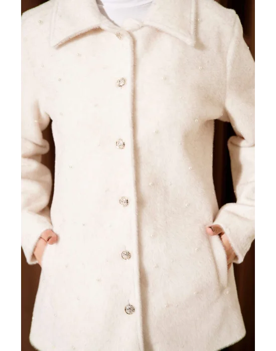 Taş Lüks Tay Tüyü İnci İşlemeli Kaban