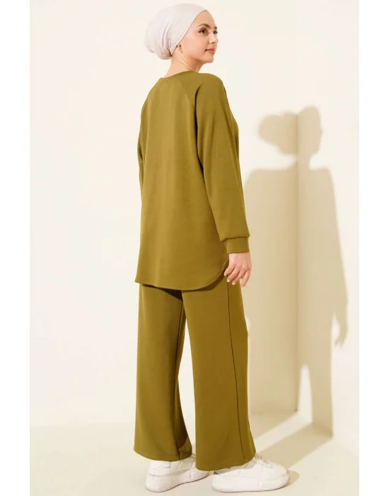 Yağ Yeşil Oversize Sweatshirt Ve Geniş Paça Pantolon Kombin Takım