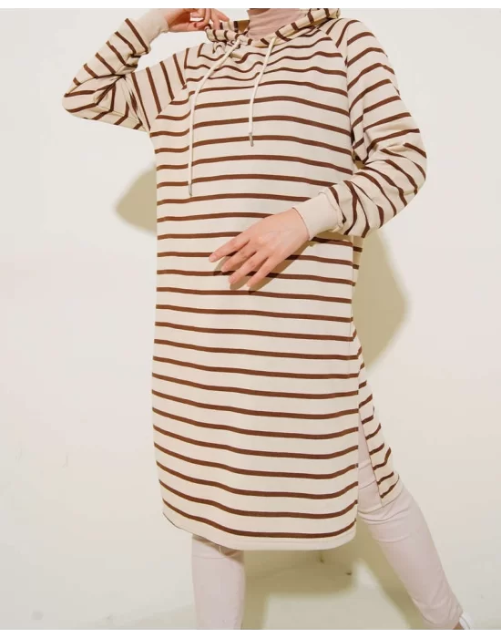 YAZGI MODA Kapüşonlu Çizgili Uzun Tunik Kahve