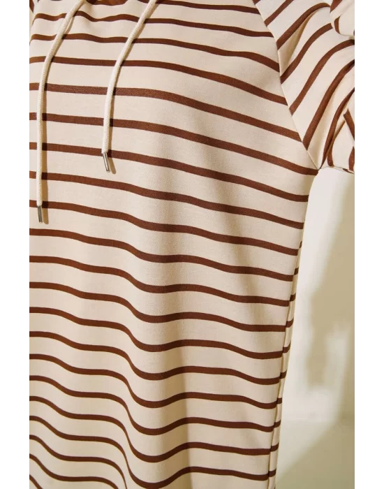 YAZGI MODA Kapüşonlu Çizgili Uzun Tunik Kahve