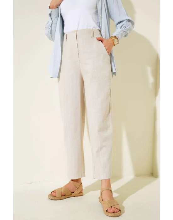 Yazgı Moda Yarım Bel Lastikli Keten Pantolon Bej